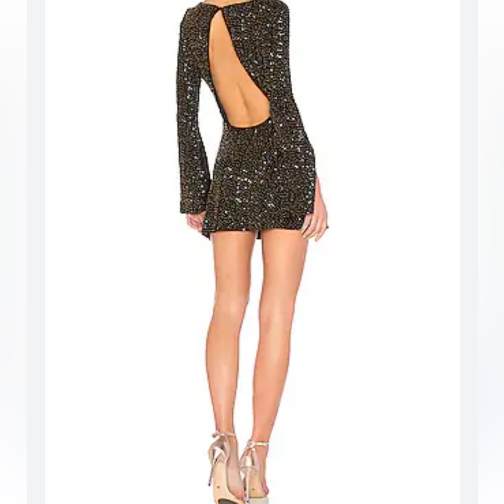 NBD Never worn gold and black open back mini dress long sleeves